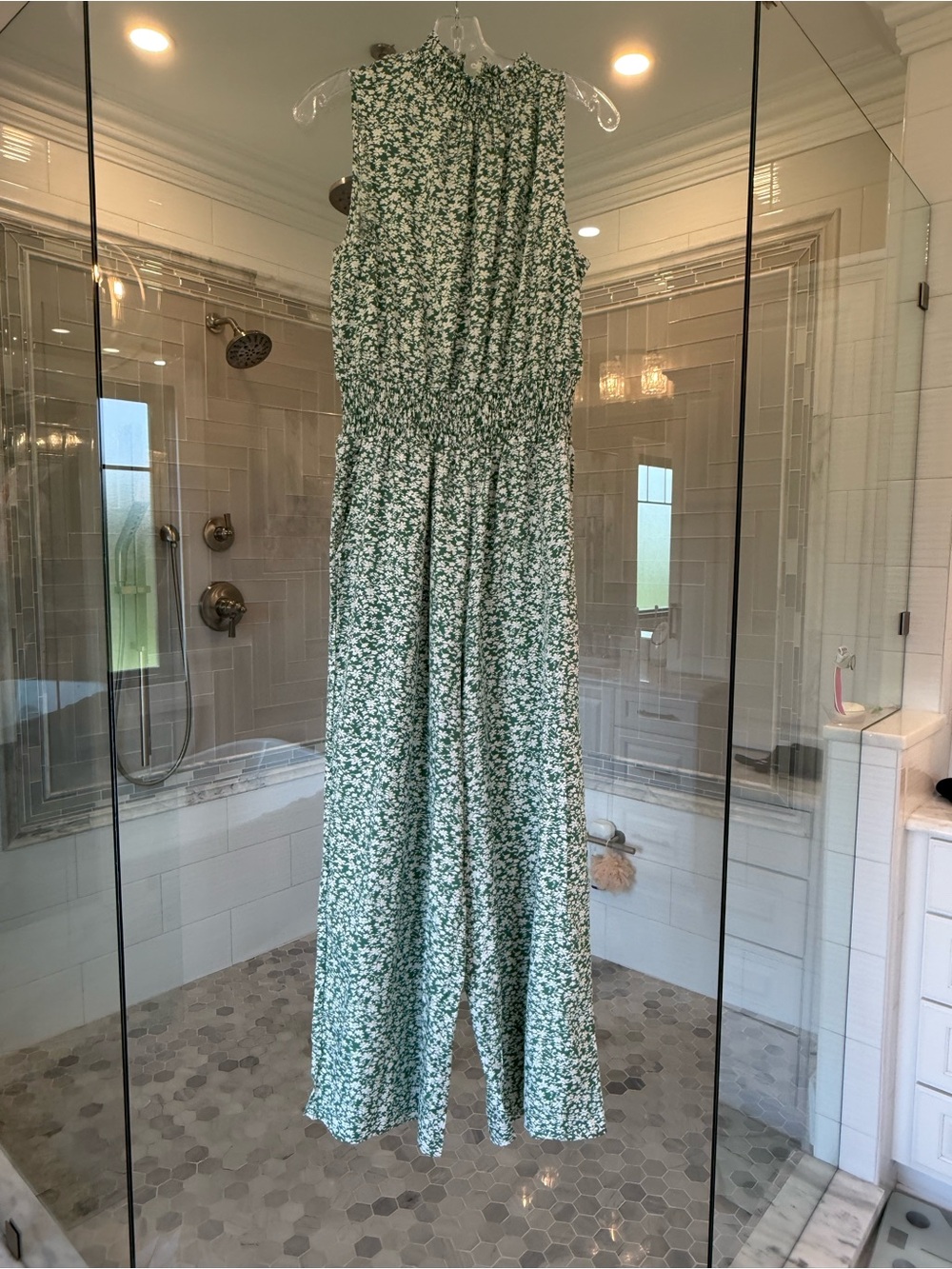 Green Floral Sleeveless Jumpsuit with Smocked Waist